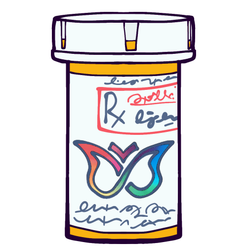 A drawing of an orange prescription bottle with the ADHD butterfly symbol - A rainbow-colored, stylized depiction of a butterfly with the wings drawn with a single stroke to resemble an infinity symbol - on the label. Text on the label is replaced with scribbles.